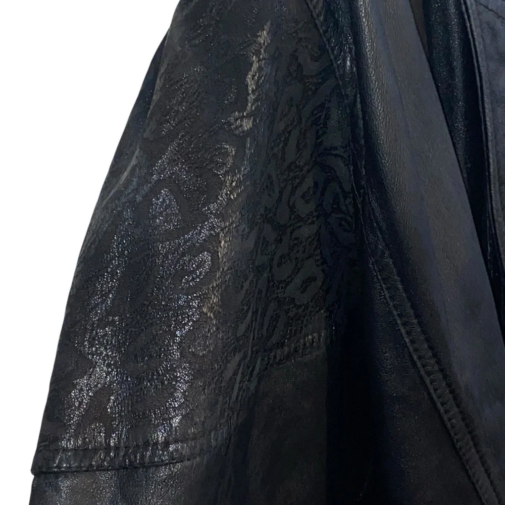 Vintage 80s 90s  Black Leather Jacket shoulder pads Animal Print Detail